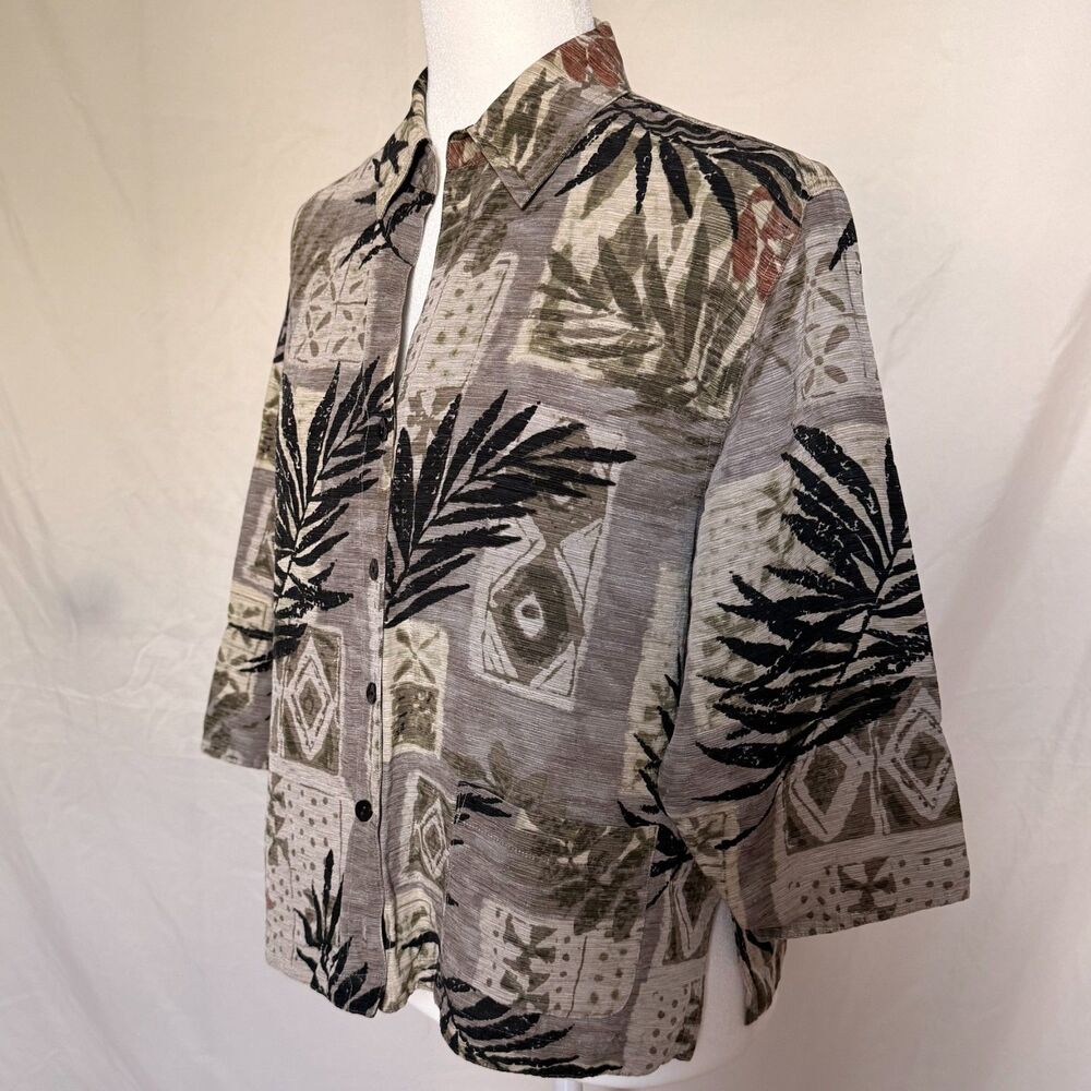 Vtg Chico's Design silk linen button down blouse size 1/M gray tropical leaf